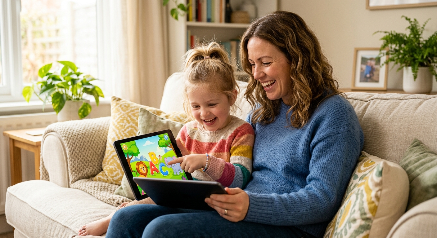 Parent and child playing game together safely